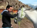 Mann streichelt Pferd, zeigt Vertrauen und Harmonie im **natural horsemanship**. Im Hintergrund eine rustikale Scheune und Berge.