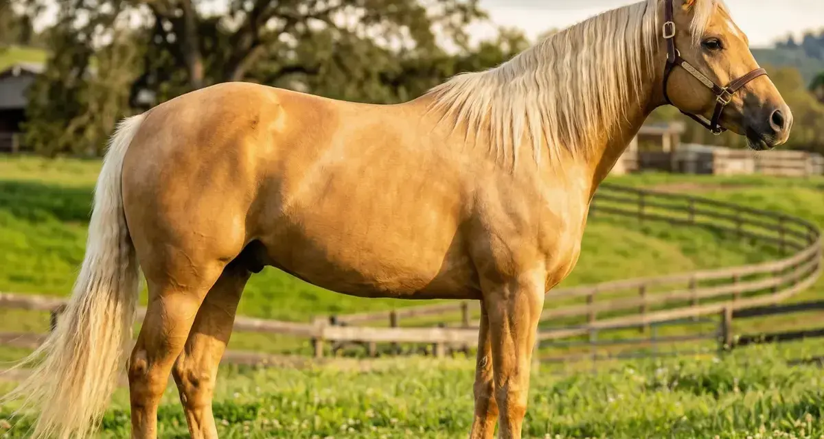 Ein Palomino-Pferd, eine wunderschöne Pferderasse mit hellem Fell und cremefarbener Mähne, steht auf einer grünen Weide.
