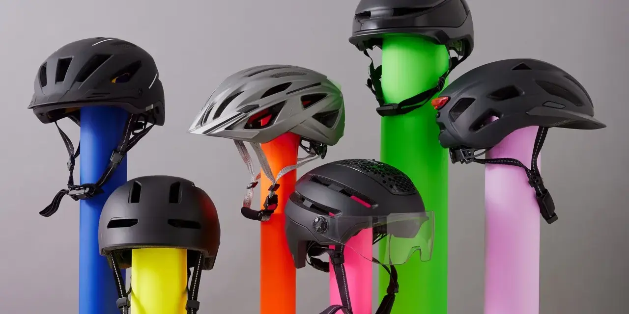 Sechs Helme, die den Unterschied zwischen Reithelm und Fahrradhelm verdeutlichen, stehen auf bunten Säulen.