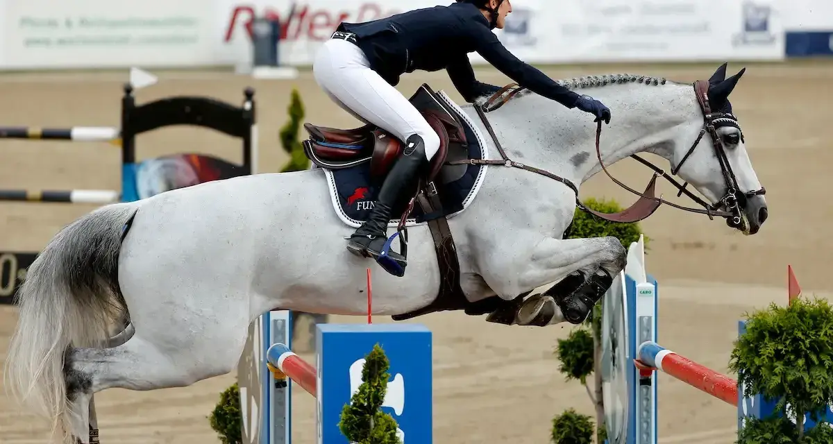 Reiterin mit weißem Pferd überwindet Hindernis. Ein Moment aus dem Springreiten, der die Dynamik der Klassen zeigt.