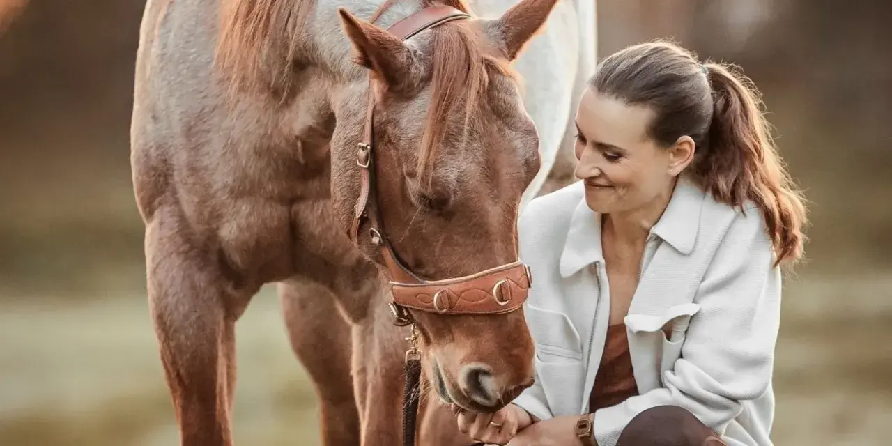 Ein Pferd zeigt, wie es einen mag, indem es seinen Kopf sanft zur Frau neigt und sie mit liebevollen Augen ansieht.