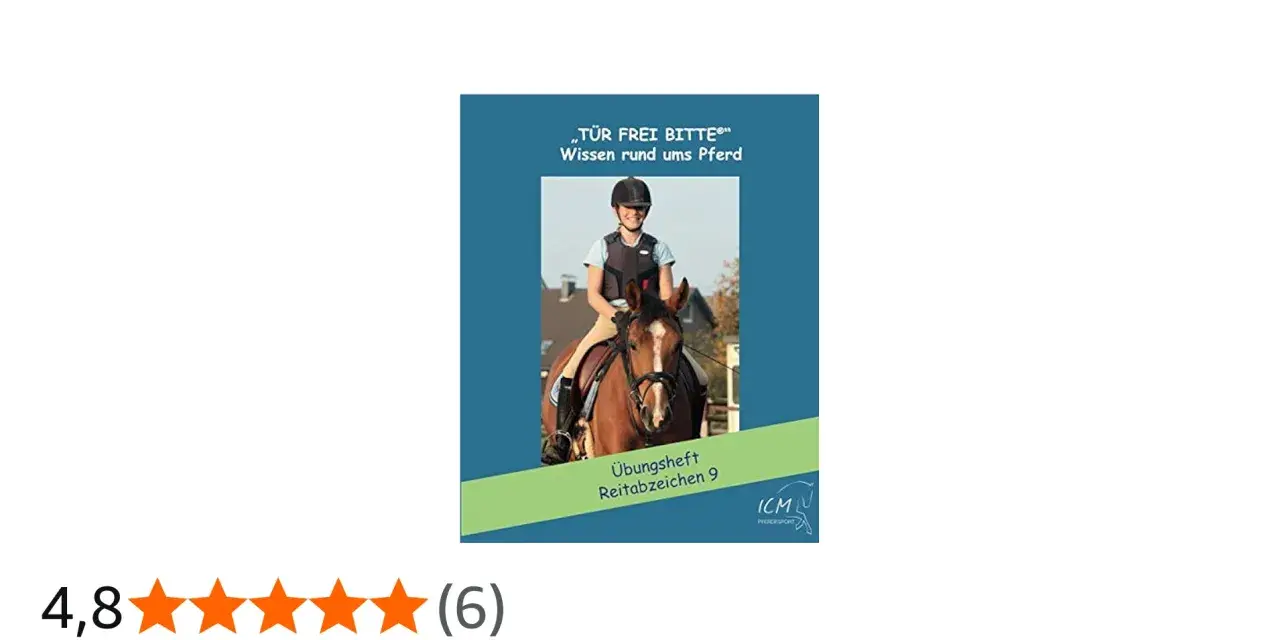 Ein Mädchen mit Helm und Weste reitet auf einem braunen Pferd. Das Übungsheft "Reitabzeichen 9" hilft beim Lernen für das kleine Reitabzeichen.