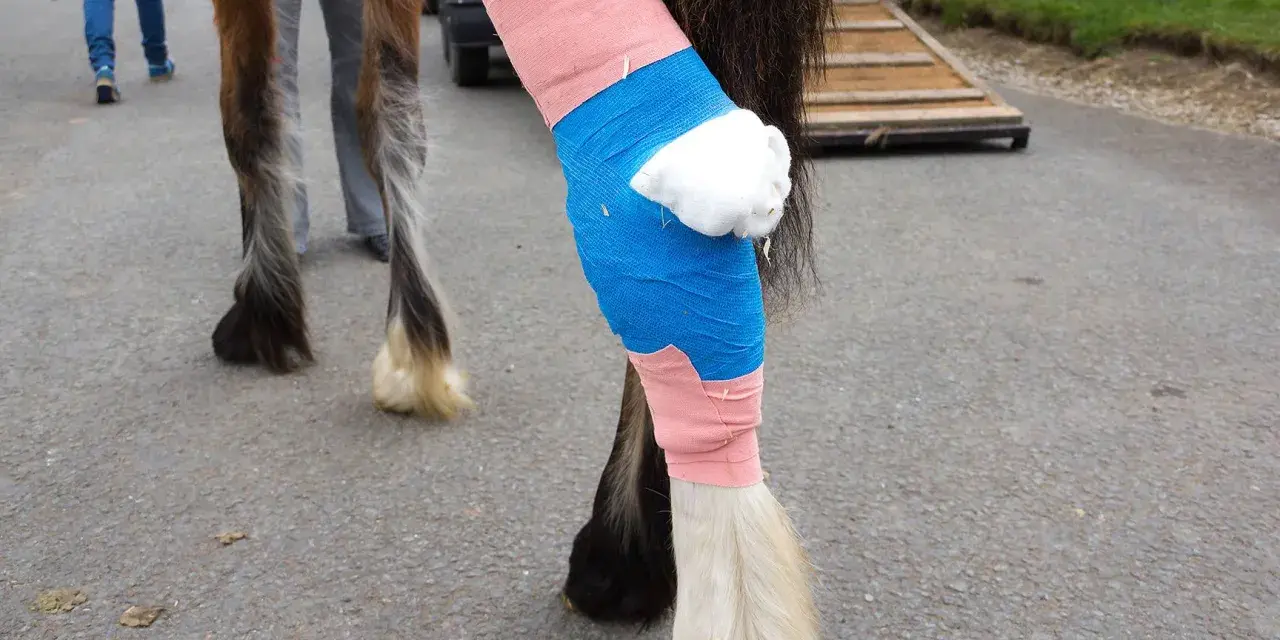 Pferdebiss am Bein: Verband aus rosa und blauer Binde schützt die Wunde. Was tun bei einem Pferdebiss?