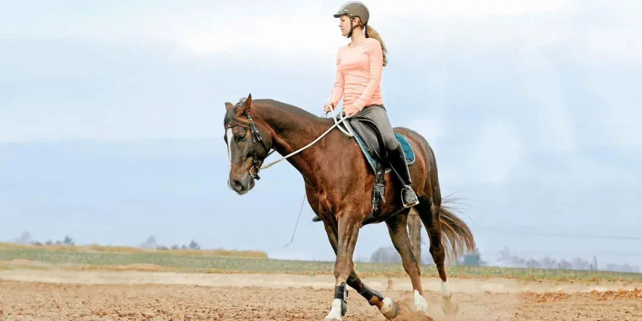 Junge Frau im Helm reitet auf einem braunen Pferd im Kreis. Sie übt das Voltigieren auf einem sandigen Reitplatz.