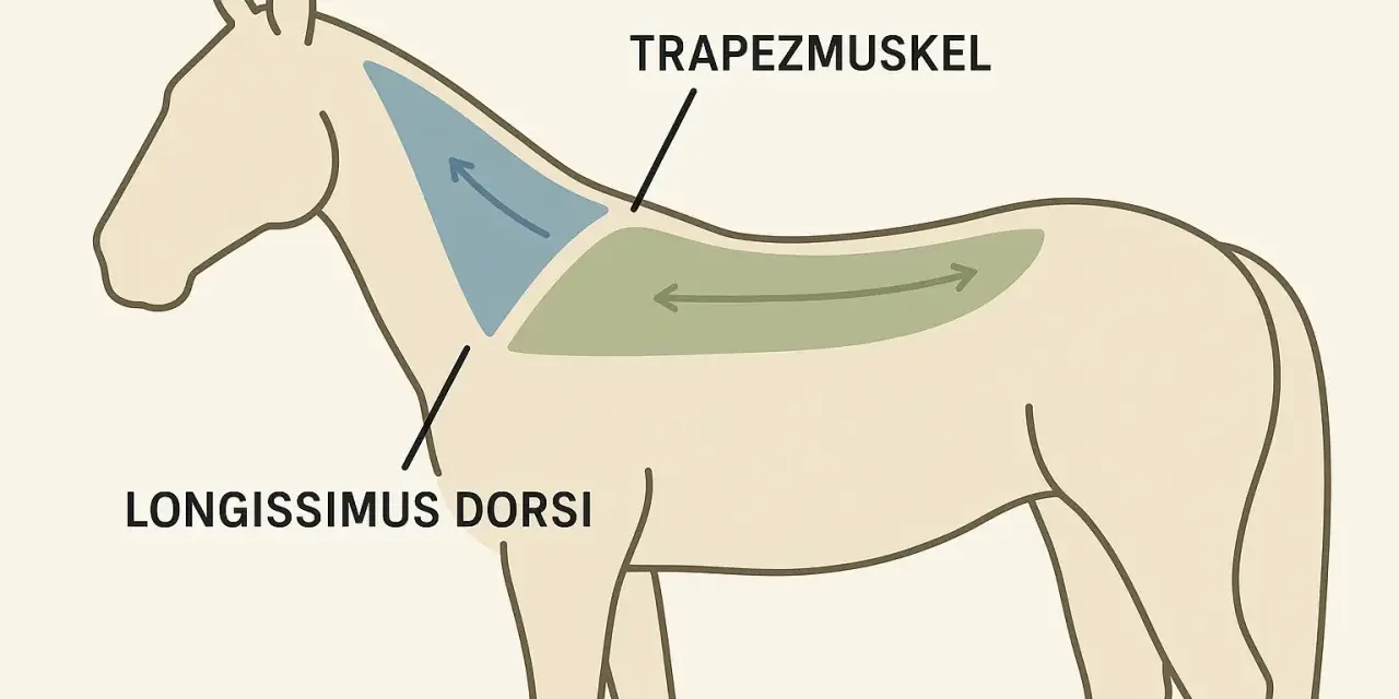 Schema zeigt Muskeln eines Pferdes: Trapezmuskel und Longissimus dorsi. Die ferse pferd ist hier nicht abgebildet.