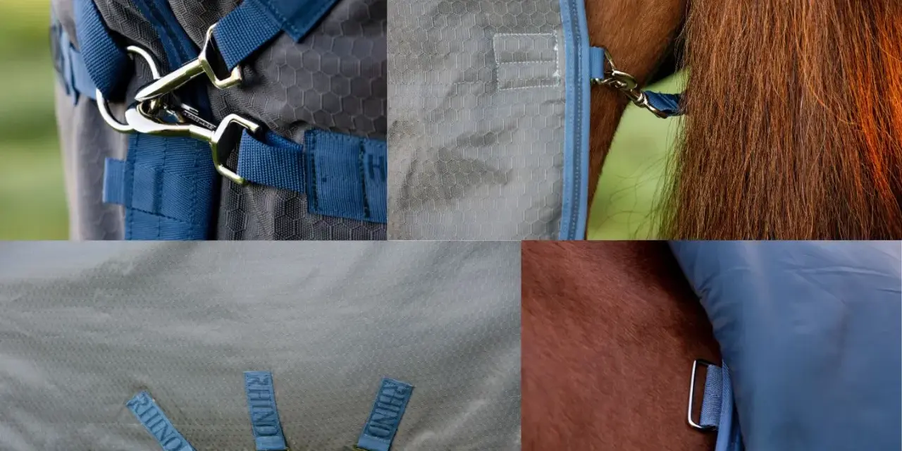 Nahaufnahme einer geschorenen braunen Pferdedecke mit stabilen Verschlüssen und dem "Rhino"-Logo.