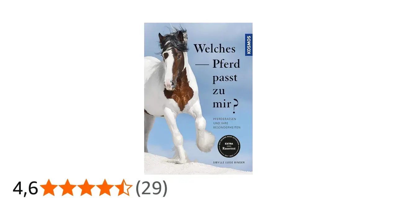 Ein Buchcover mit einem Pinto-Pferd, das die Frage "Welches Pferd passt zu mir?" stellt. Es beschreibt verschiedene Pferderassen.