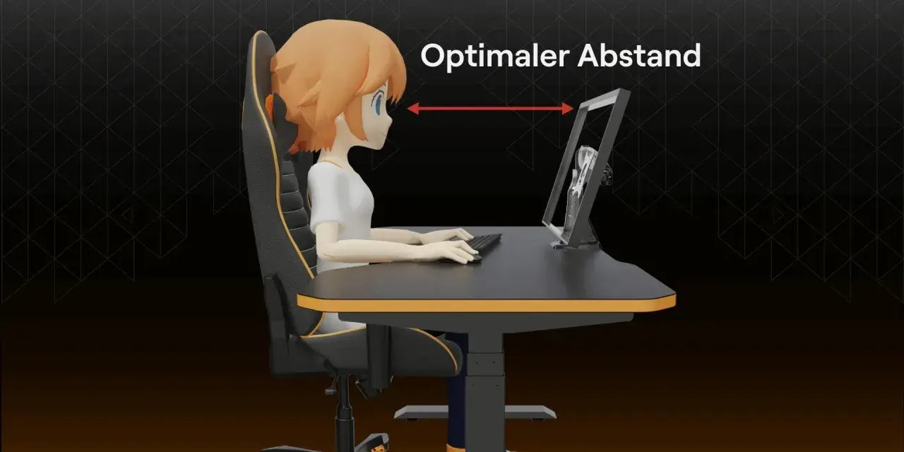 Ein Mädchen sitzt am Schreibtisch und hält den optimalen Abstand zum Monitor ein.