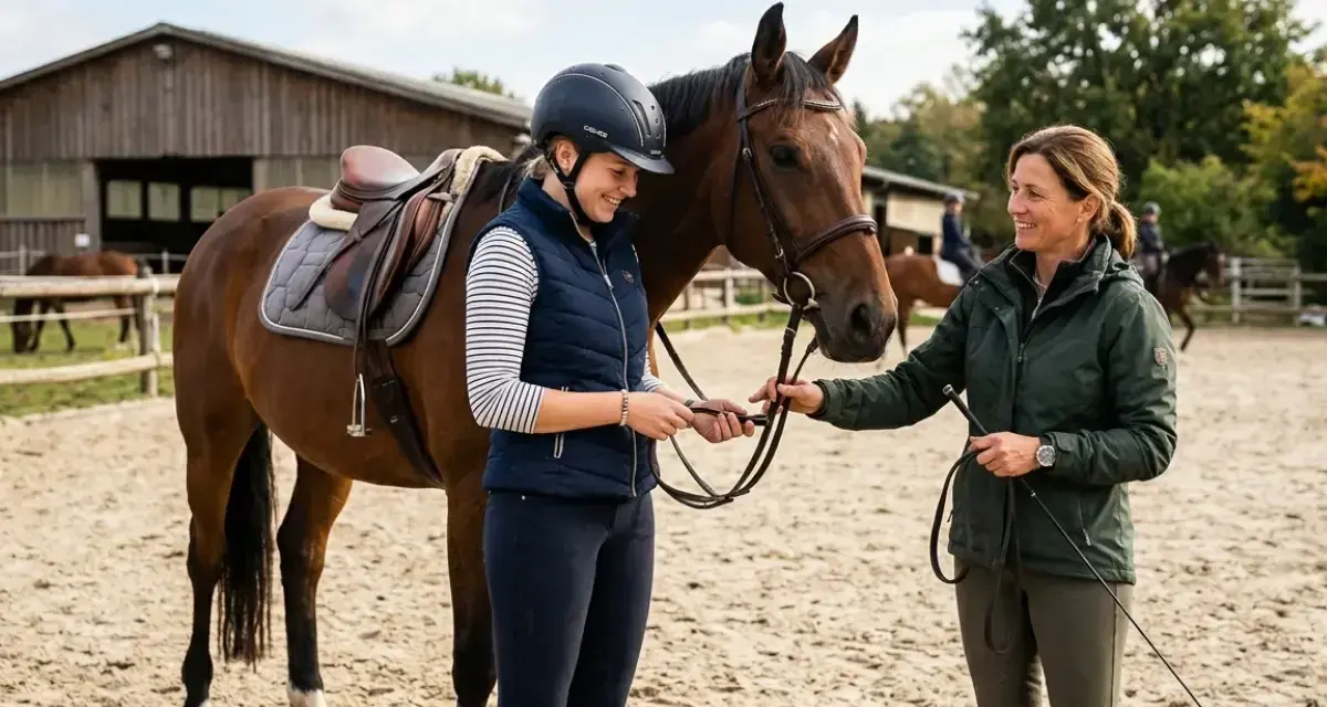 Eine Reiterin und ihre Trainerin am Pferd. Reiten ist schwer, aber mit guter Anleitung wird es leichter.