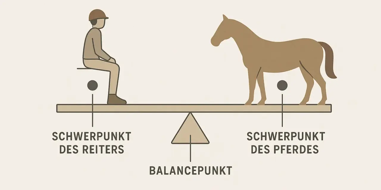 Balance pferd: Reiter und Pferd auf einer Waage, die ihre Schwerpunkte und den Balancepunkt zeigt.