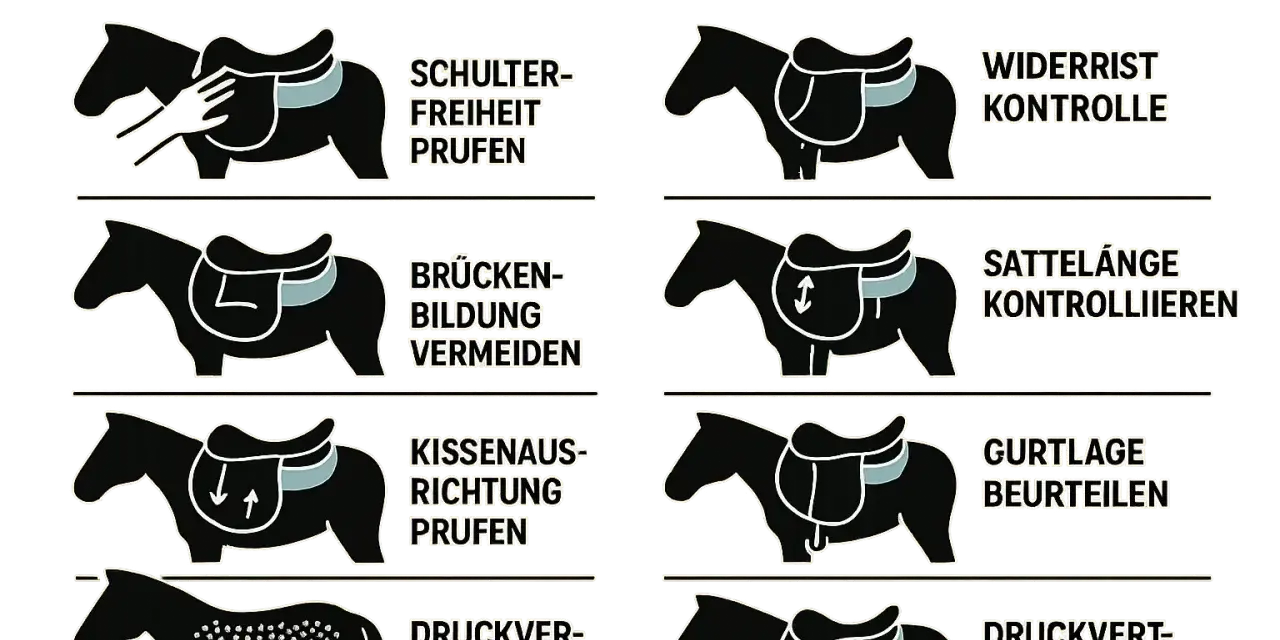 Illustrationen zeigen, wie man den Sattel anpassen kann: Schulterfreiheit, Widerristkontrolle, Brückenbildung vermeiden, Sattellänge, Kissenausrichtung, Gurtlage, Druckverteilung prüfen.