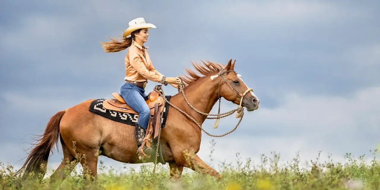Eine Frau in Cowboykleidung reitet auf einem braunen Pferd durch eine blühende Wiese. Dieses Pferd, eine typische pferderasse mit toller Ausstrahlung, galoppiert unter dem dramatischen Himmel.