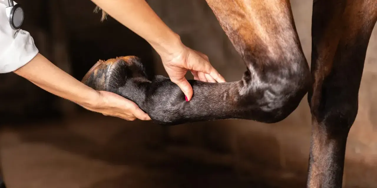 Tierärztin untersucht das Vorderbein eines Pferdes, das nach vorne entlastet wird.