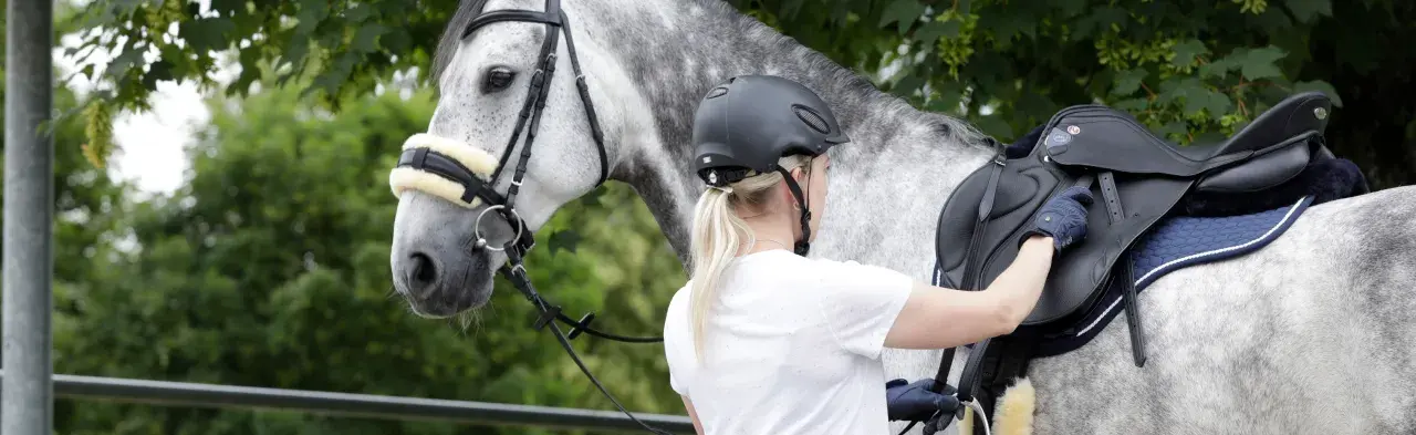 Reiterin sattelt graues Pferd. Das Lammfell am Zaumzeug und Sattel ist sauber und bereit für den Ausritt.