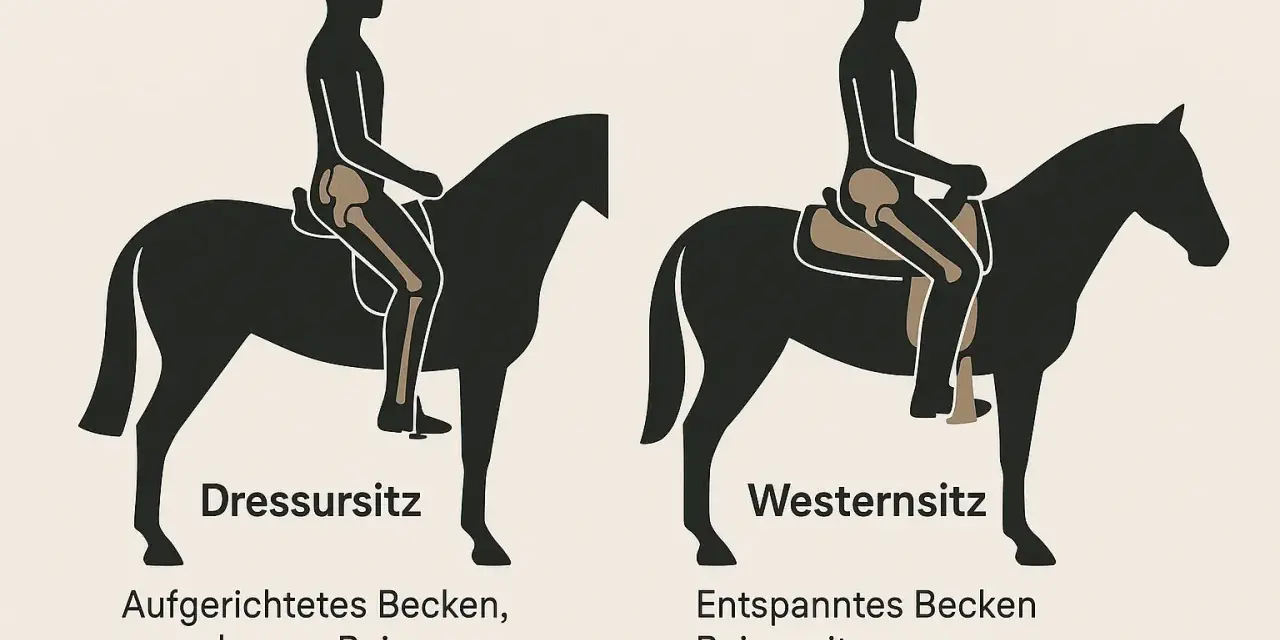 Illustrationen zeigen Dressur- und Westernsitz. Beim Westernsitz ist das Becken entspannt, das Bein weiter vorne durch die Fenderposition, ideal zum Ausmessen des westernsattels.