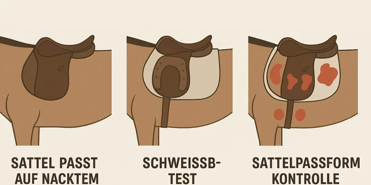 Illustrationen zeigen, wie man prüft, ob ein Sattel passt. Ein nasses Pferd satteln ist nur der Anfang, um Druckstellen zu vermeiden.