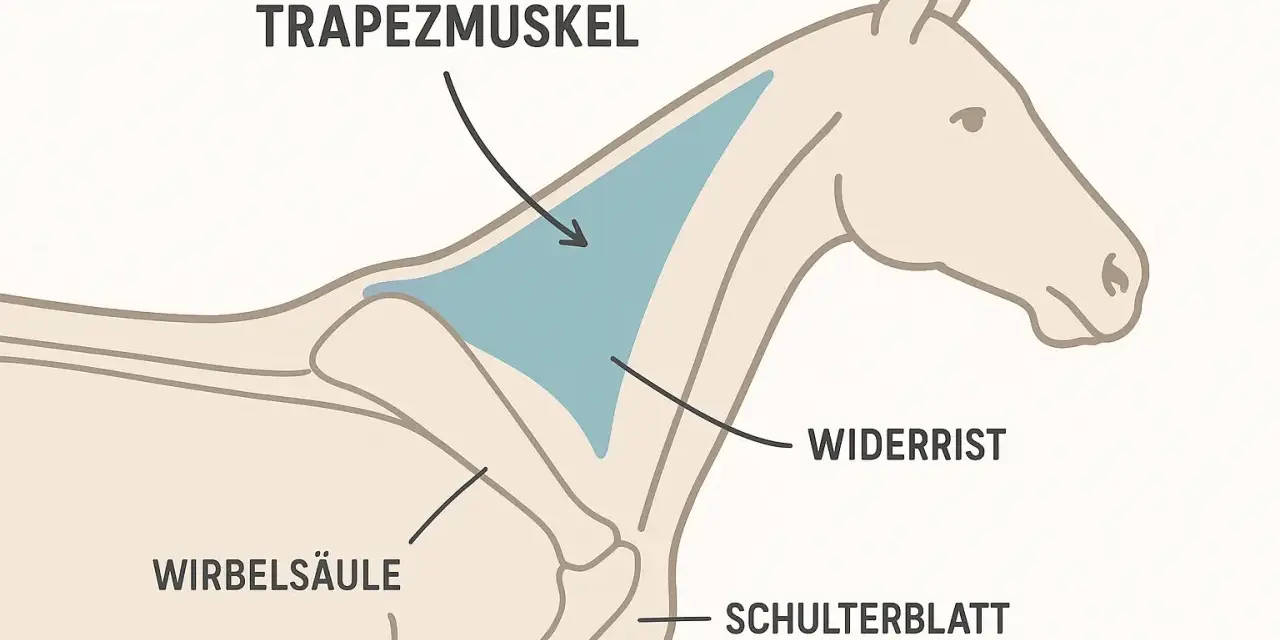 Illustration zeigt den Trapezmuskel eines Pferdes, wichtig für die Schulterfreiheit.