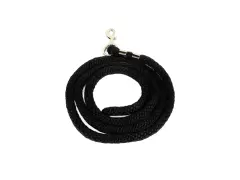 Schwarze Longe mit Karabinerhaken, ordentlich aufgewickelt. Perfekt, um die Longe richtig aufwickeln zu üben.