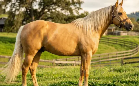 Ein Palomino-Pferd, eine wunderschöne Pferderasse mit hellem Fell und cremefarbener Mähne, steht auf einer grünen Weide.