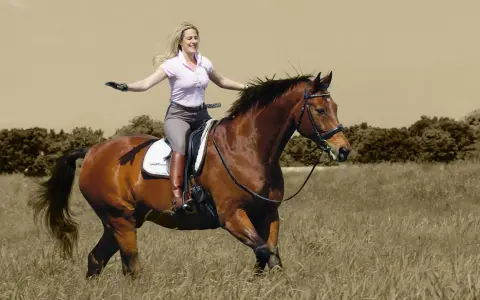 Eine Frau mit blonden Haaren reitet fröhlich auf einem braunen Pferd durch ein Feld. Sie trägt Reithosen und Stiefel. Das Bild vermittelt ein Gefühl von Freiheit und Freude beim Reiten.