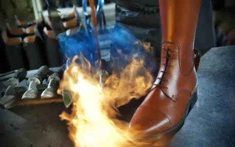 Ein brauner Reitstiefel wird mit einem Brenner bearbeitet. Werkzeuge liegen bereit für die Reitstiefel Pflege.