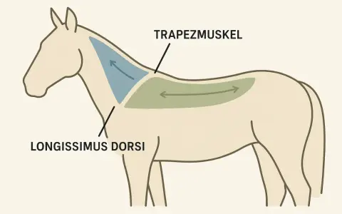 Schema zeigt Muskeln eines Pferdes: Trapezmuskel und Longissimus dorsi. Die ferse pferd ist hier nicht abgebildet.