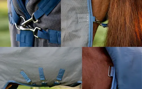 Nahaufnahme einer geschorenen braunen Pferdedecke mit stabilen Verschlüssen und dem "Rhino"-Logo.