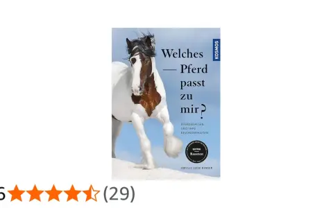 Ein Buchcover mit einem Pinto-Pferd, das die Frage "Welches Pferd passt zu mir?" stellt. Es beschreibt verschiedene Pferderassen.