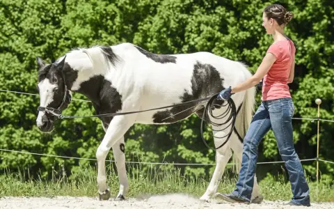 Eine Frau longiert ein schwarz-weiß geflecktes Pferd mit Kappzaum. Das Pferd bewegt sich im Kreis, die Frau hält die Longe.