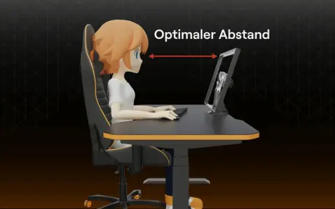 Ein Mädchen sitzt am Schreibtisch und hält den optimalen Abstand zum Monitor ein.