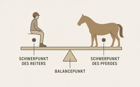 Balance pferd: Reiter und Pferd auf einer Waage, die ihre Schwerpunkte und den Balancepunkt zeigt.