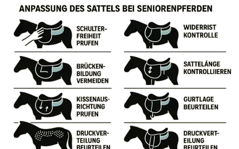 Illustrationen zeigen, wie man den Sattel anpassen kann: Schulterfreiheit, Widerristkontrolle, Brückenbildung vermeiden, Sattellänge, Kissenausrichtung, Gurtlage, Druckverteilung prüfen.
