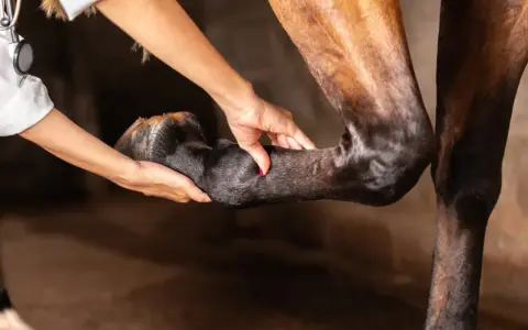 Tierärztin untersucht das Vorderbein eines Pferdes, das nach vorne entlastet wird.