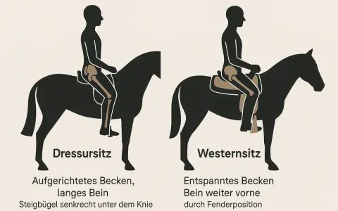 Illustrationen zeigen Dressur- und Westernsitz. Beim Westernsitz ist das Becken entspannt, das Bein weiter vorne durch die Fenderposition, ideal zum Ausmessen des westernsattels.