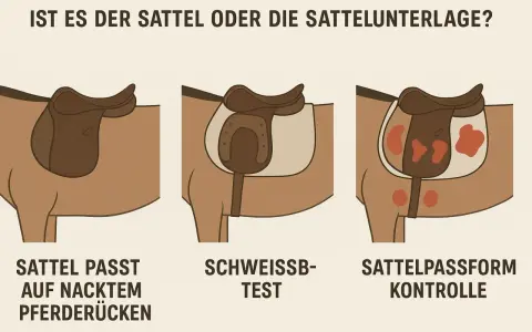 Illustrationen zeigen, wie man prüft, ob ein Sattel passt. Ein nasses Pferd satteln ist nur der Anfang, um Druckstellen zu vermeiden.