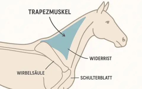 Illustration zeigt den Trapezmuskel eines Pferdes, wichtig für die Schulterfreiheit.
