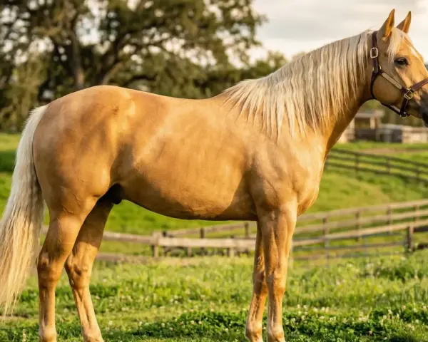 Ein Palomino-Pferd, eine wunderschöne Pferderasse mit hellem Fell und cremefarbener Mähne, steht auf einer grünen Weide.