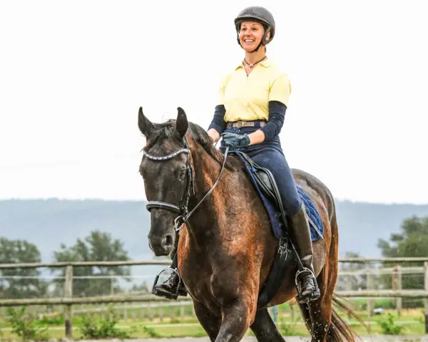 Eine Reiterin in gelbem Shirt und Reitstiefeln genießt das Aussitzen beim Reiten auf einem braunen Pferd.