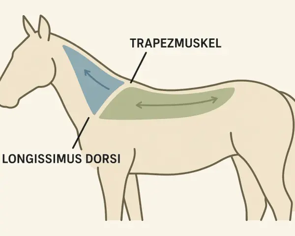 Schema zeigt Muskeln eines Pferdes: Trapezmuskel und Longissimus dorsi. Die ferse pferd ist hier nicht abgebildet.