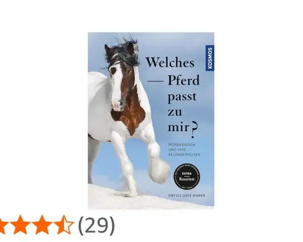 Ein Buchcover mit einem Pinto-Pferd, das die Frage "Welches Pferd passt zu mir?" stellt. Es beschreibt verschiedene Pferderassen.