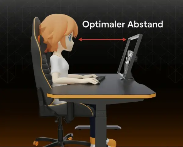Ein Mädchen sitzt am Schreibtisch und hält den optimalen Abstand zum Monitor ein.