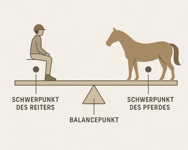 Balance pferd: Reiter und Pferd auf einer Waage, die ihre Schwerpunkte und den Balancepunkt zeigt.