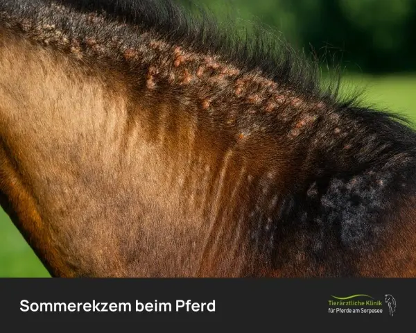 Nahaufnahme des Fells eines braunen Pferdes mit deutlichen Hautveränderungen, die auf Sommerekzem beim Pferd hindeuten.