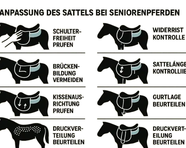 Illustrationen zeigen, wie man den Sattel anpassen kann: Schulterfreiheit, Widerristkontrolle, Brückenbildung vermeiden, Sattellänge, Kissenausrichtung, Gurtlage, Druckverteilung prüfen.