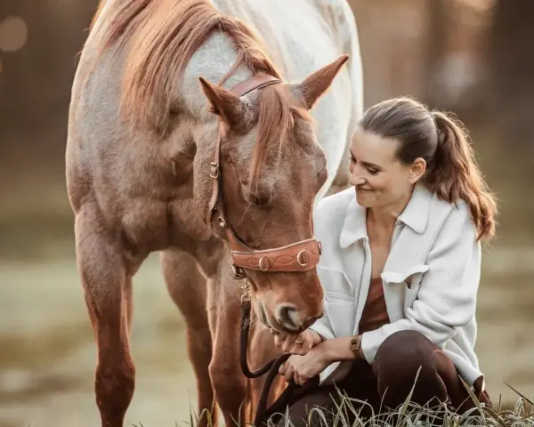 Eine Frau kniet neben einem braunen Pferd und streichelt es sanft. Selbst ein hektisches Pferd kann durch ruhiges Reiten und liebevolle Zuwendung gezähmt werden.