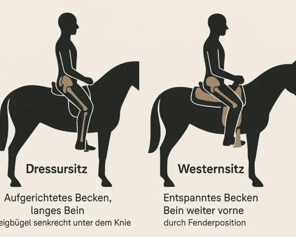 Illustrationen zeigen Dressur- und Westernsitz. Beim Westernsitz ist das Becken entspannt, das Bein weiter vorne durch die Fenderposition, ideal zum Ausmessen des westernsattels.