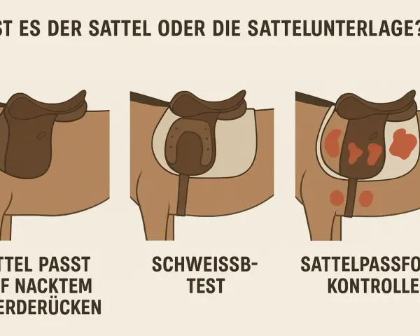 Illustrationen zeigen, wie man prüft, ob ein Sattel passt. Ein nasses Pferd satteln ist nur der Anfang, um Druckstellen zu vermeiden.