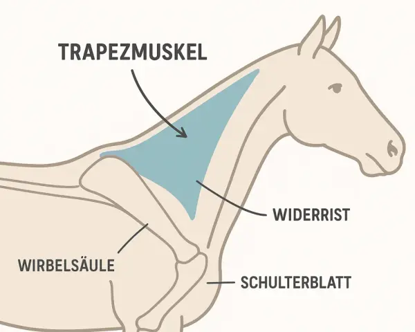 Illustration zeigt den Trapezmuskel eines Pferdes, wichtig für die Schulterfreiheit.