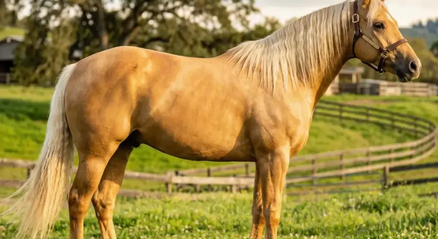 Ein Palomino-Pferd, eine wunderschöne Pferderasse mit hellem Fell und cremefarbener Mähne, steht auf einer grünen Weide.