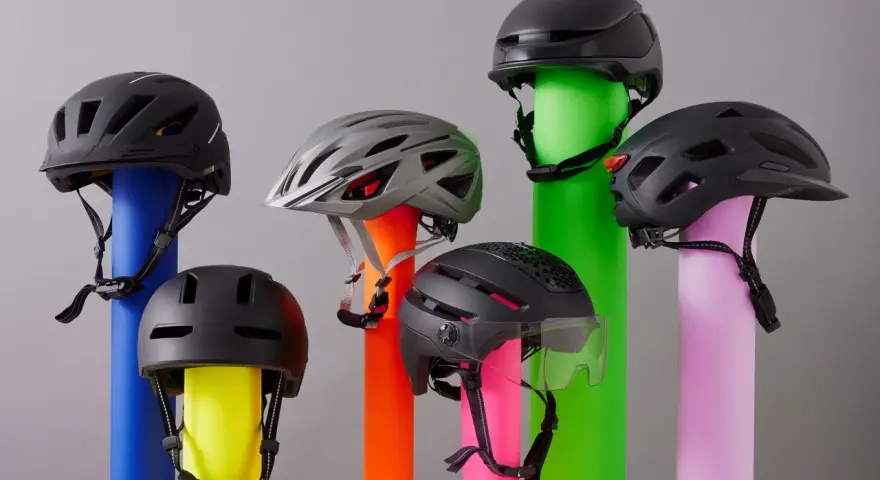 Sechs Helme, die den Unterschied zwischen Reithelm und Fahrradhelm verdeutlichen, stehen auf bunten Säulen.